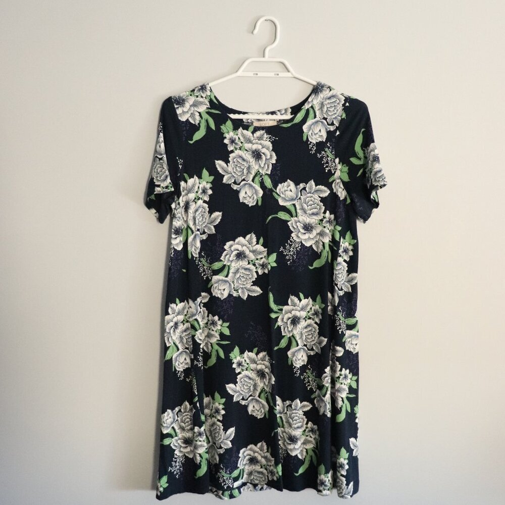 Loft Women's MP Blue‎ Floral Short Sleeve Midi Stretch Crewneck Dress